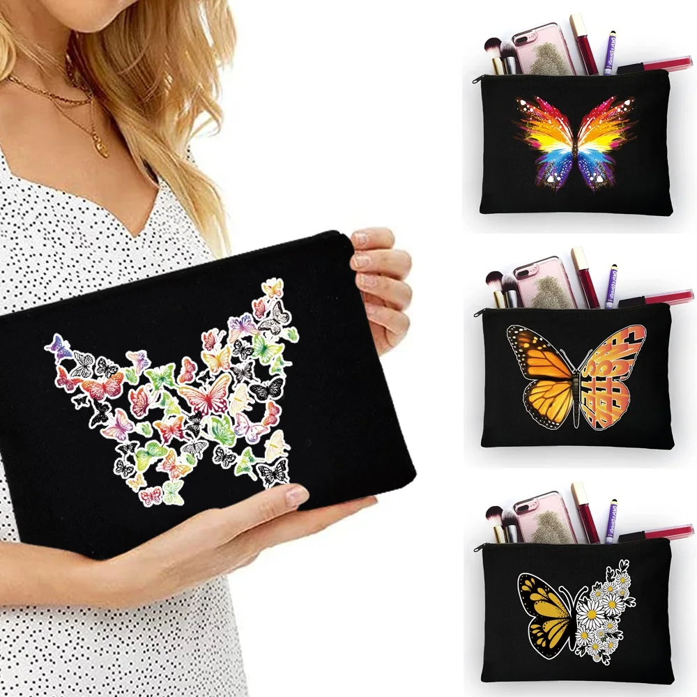 Stylish Canvas Zipper Clutch Pouch Butterfly Print Portable Ladies Makeup Bag Office Work School Activities Weekend Short Travel