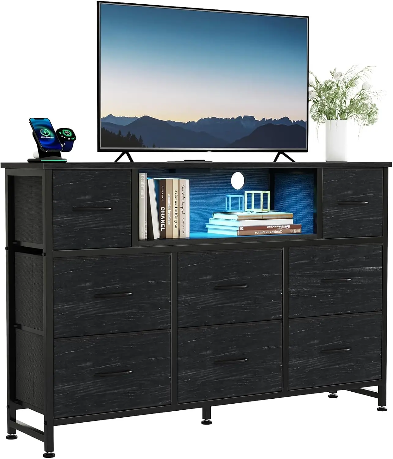 

Подставка под телевизор с 8 тканевыми ящиками, развлекательный центр с LED-подсветкой для телевизоров 45-55 дюймов, медиаконсоль с деревянной столешницей в черном цвете под дерево.