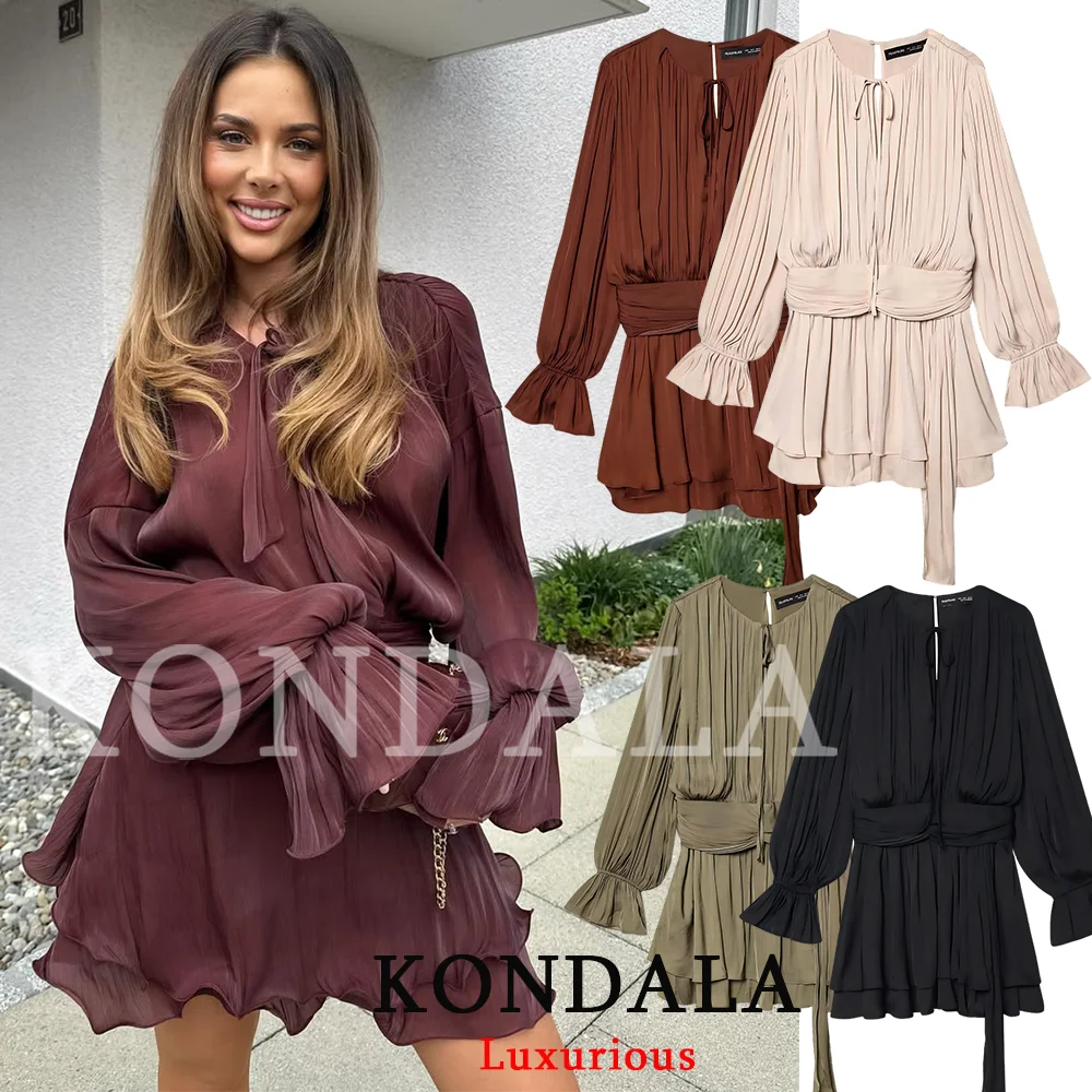 

KONDALA Vintage Casual Women Dress Solid O-Neck Long Sleeve Draped Short Vestidos Fashion 2026 Spring Summer Holiday Folds Dress