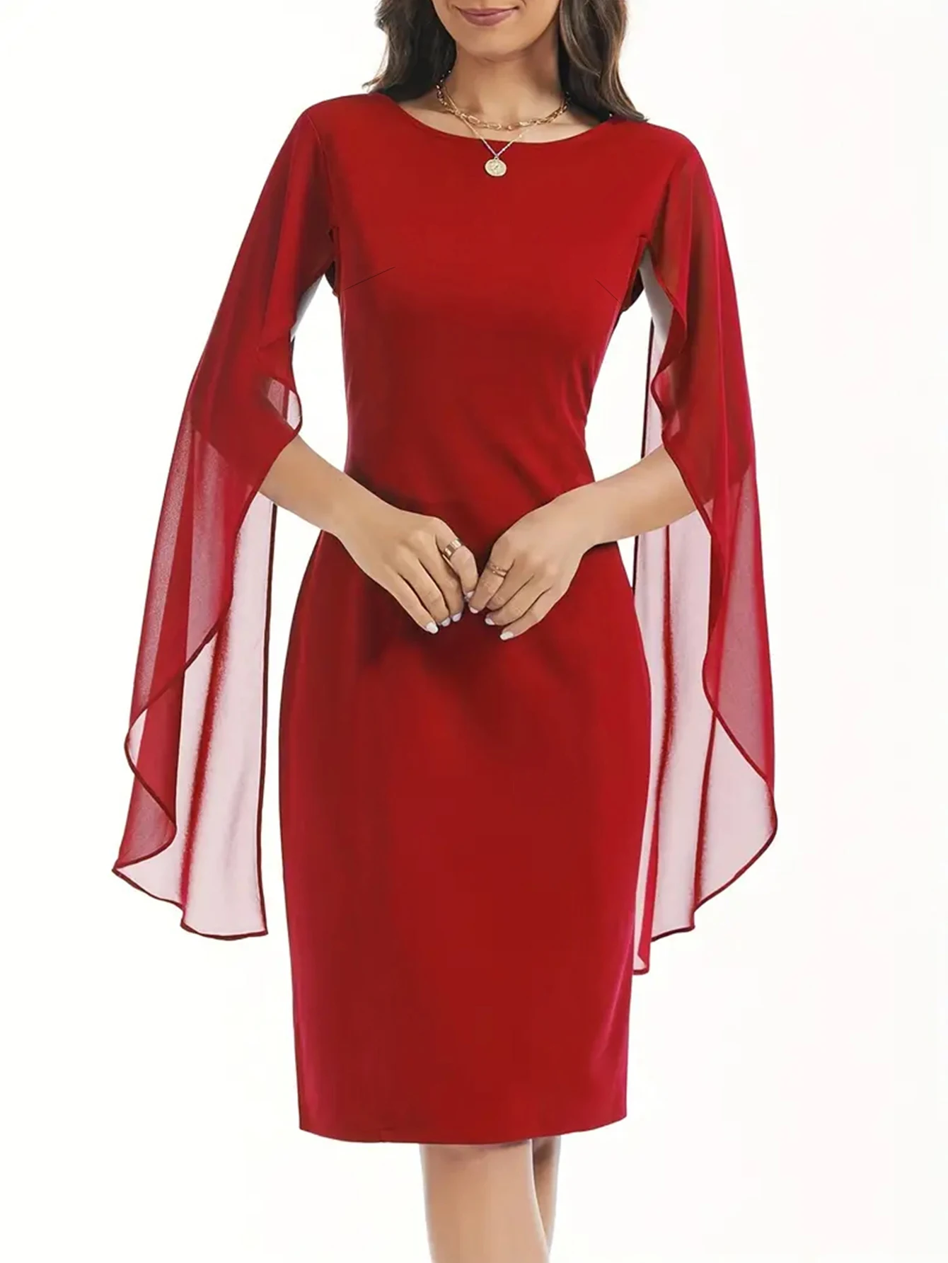 Solid Simple Bodycon Dress, Elegant Cape Sleeve Dress For Party & Banquet- Perfect for Formal Occasions