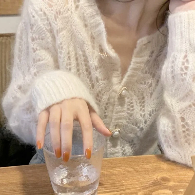 

Cardigans Women Korean Fashion Elegant Vintage Sweaters Jumpers Clothing Autumn Basic All-Match Ins Tender Lace Stylish Femme OL