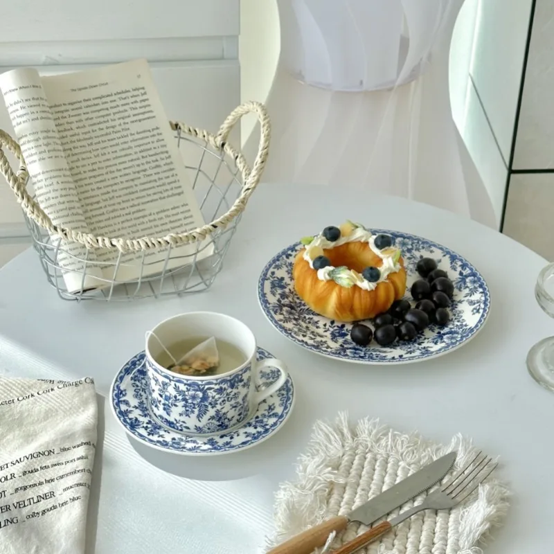 Retro Blue Ceramic Tableware, Western Restaurant, Coffee Cups and Plates, Dessert Dim Sum Plate, Home Accessories