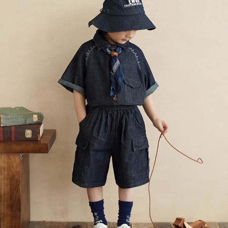 Summer Boy High Quality Clothes Handsome Short Sleeved Denim Shirt +Shorts +Scarf 3pcs Set for Boys 1-10Y Casual Simple Outfits