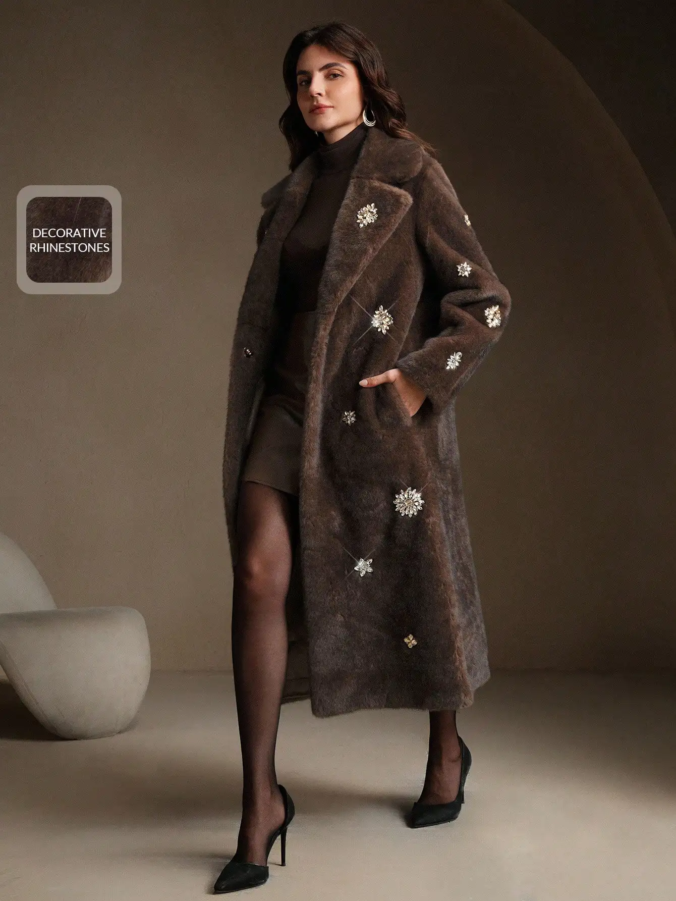 

Elegant Rhinestone Embellished Faux Fur Long Coat for Winter, Party & Formal Occasions