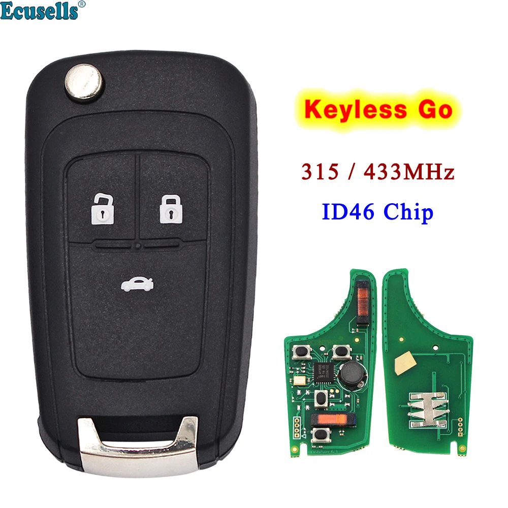 

Ecusells 3 Button Keyless go Folding Flip Smart Remote Key Fob for Chevrolet Cruze Aveo 315/433MHz with 46 Chip HU100 Balde