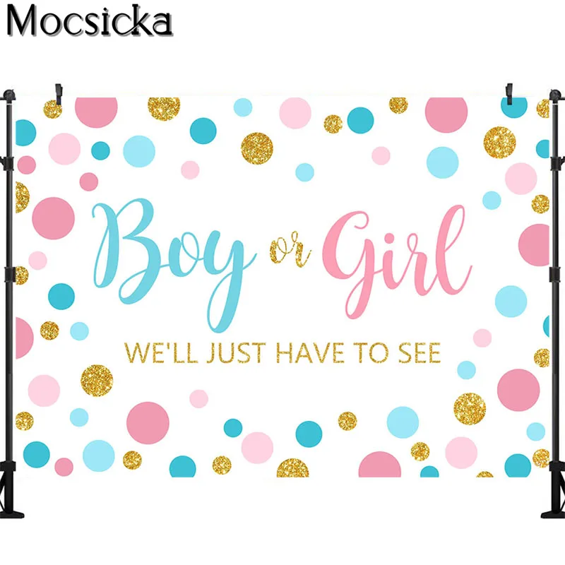 الجنس تكشف حفلة التصوير خلفية صبي أو فتاة استحمام الطفل خلفية الأزرق الوردي البقع بالون الحلوى ديكور للطاولات راية