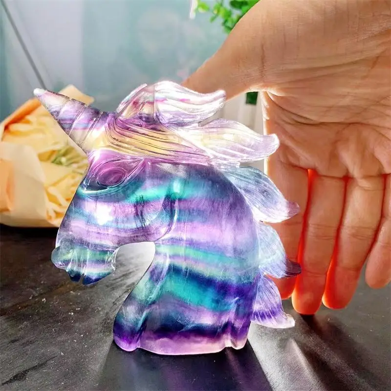 10CM  Natural Rainbow Fluorite Unicorn Crystal Animal Carving Crafts Healing Stone Fashion Home Ornaments Birthday Gift 1PCS