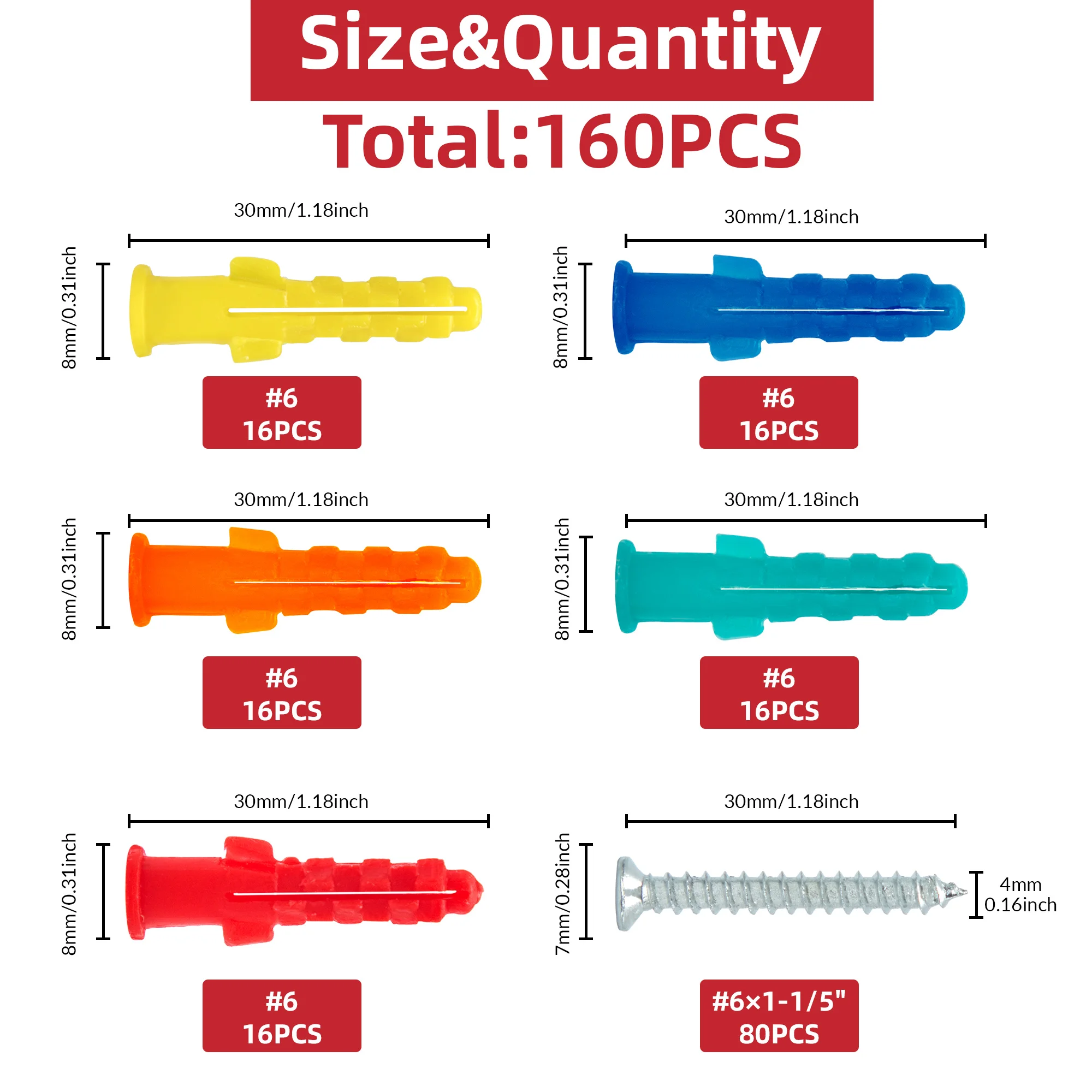 160PCS Drywall Anchors and Screws Assortment Kit, 80 Plastic Wall Anchors and 80 Philips Flat Head Screws, 5 Colors