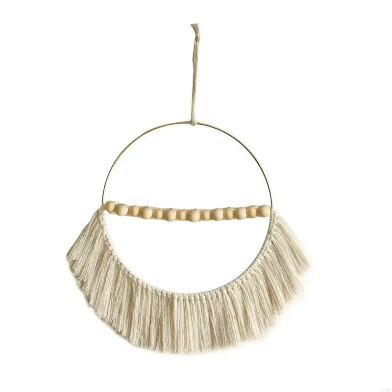 

92MF Wood Beads and Handwoven Cotton Tassels Wall Art Large Round Frame Wall Hanging Decoration Ornament for Home Aesthetic