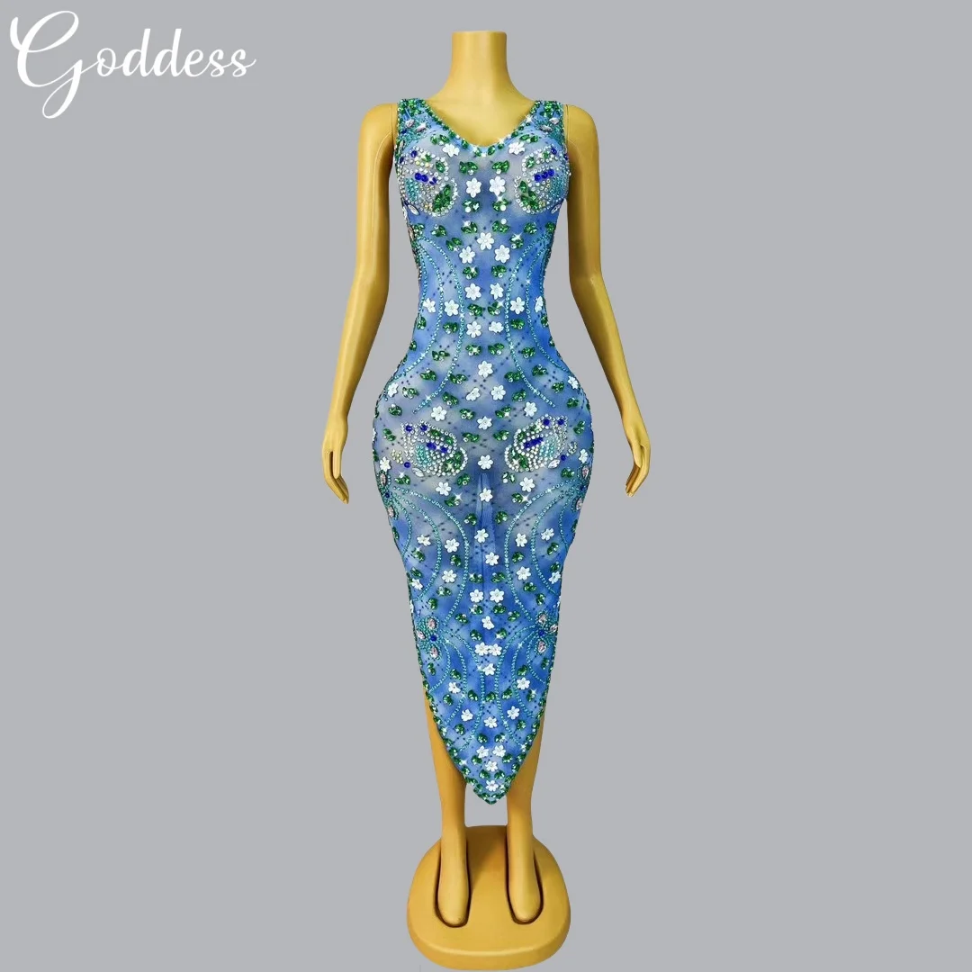 Sexy Sparkly Rhinestone Vest Sleeveless Asymmetrical Evening Dress High-quality Shining Chic Dress Birthday Celebrate Ball Dress