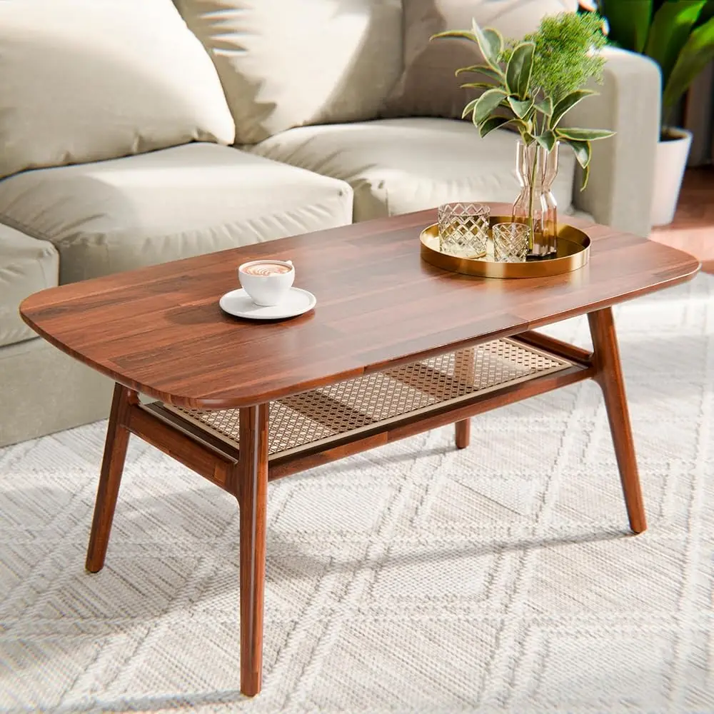 

Free ShippingNancy Solid Acacia Wood Coffee Table for Living Room, Spacious Oval-Shaped 237 Lbs Top Capacity, Rattan Shelf Below