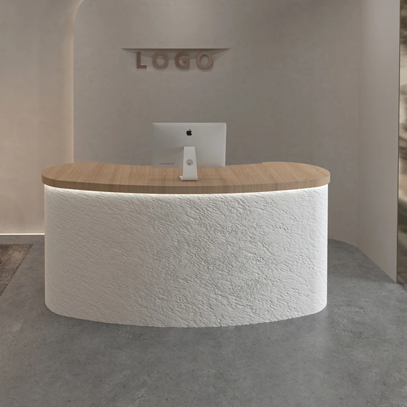 مكاتب استقبال مستديرة بنية فاخرة ديكور بوتيك ملابس مقوسة مكتب استقبال أبيض صغير Empfangs Theke أثاث المكاتب #4