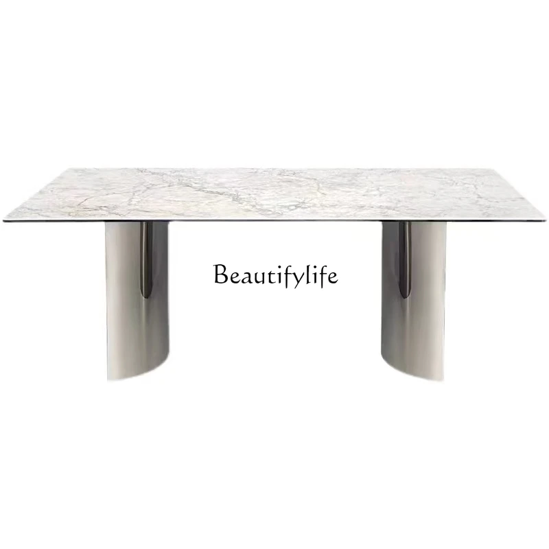 

Italian minimalist rock slab dining table stainless steel black titanium household rectangular dining table