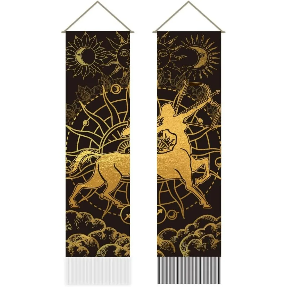 2Pcs Sagittarius Tapestry, Sun and Moon Long Vertical Tapestry Wall Hanging, Constellation Tassel Wall Tapestry Mystic