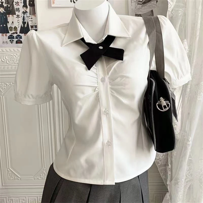 2024 Summer Women\'s Fashion Lace Up Ruched Slim Shirt Preppy Style Harajuku Kawaii Bow Sweet Blouse Y2K White Short Sleeve Tops