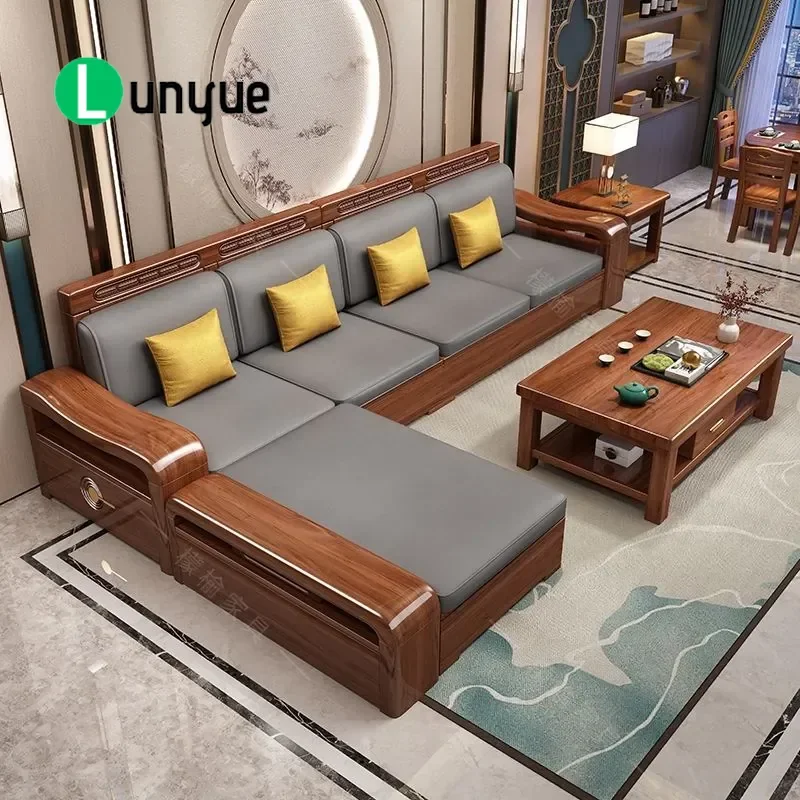 Golden Silk Walnut Solid Wood Sofa New Chinese Style Living Room Apartment Storage Dual Purpose Winter Summer Furniture