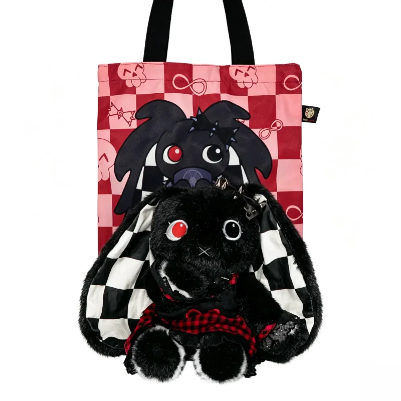Plushie Dreadfuls Gothic Black Rabbit Plush Toy Checkered Ear Red Plaid Dress Stuffed Doll Halloween Home Decor Gift For Adults