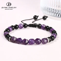 JD Natural Amethyst Yellow Tiger Eye Stone Faceted Beads Black Agate Woven Bracelet Women Men Braided Reiki Healing Yoga Gift