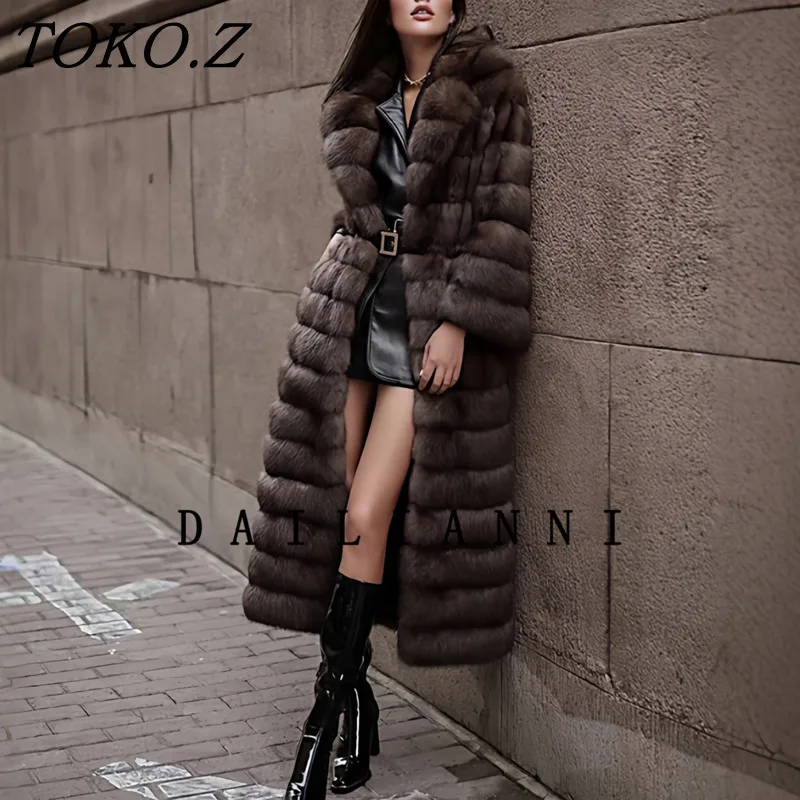 TOKO 2025 Ladies Solid Color Turndown Striped Long Coat With Pocket And Belt Decoration - High-Quality Autumn/Winter New Outfit