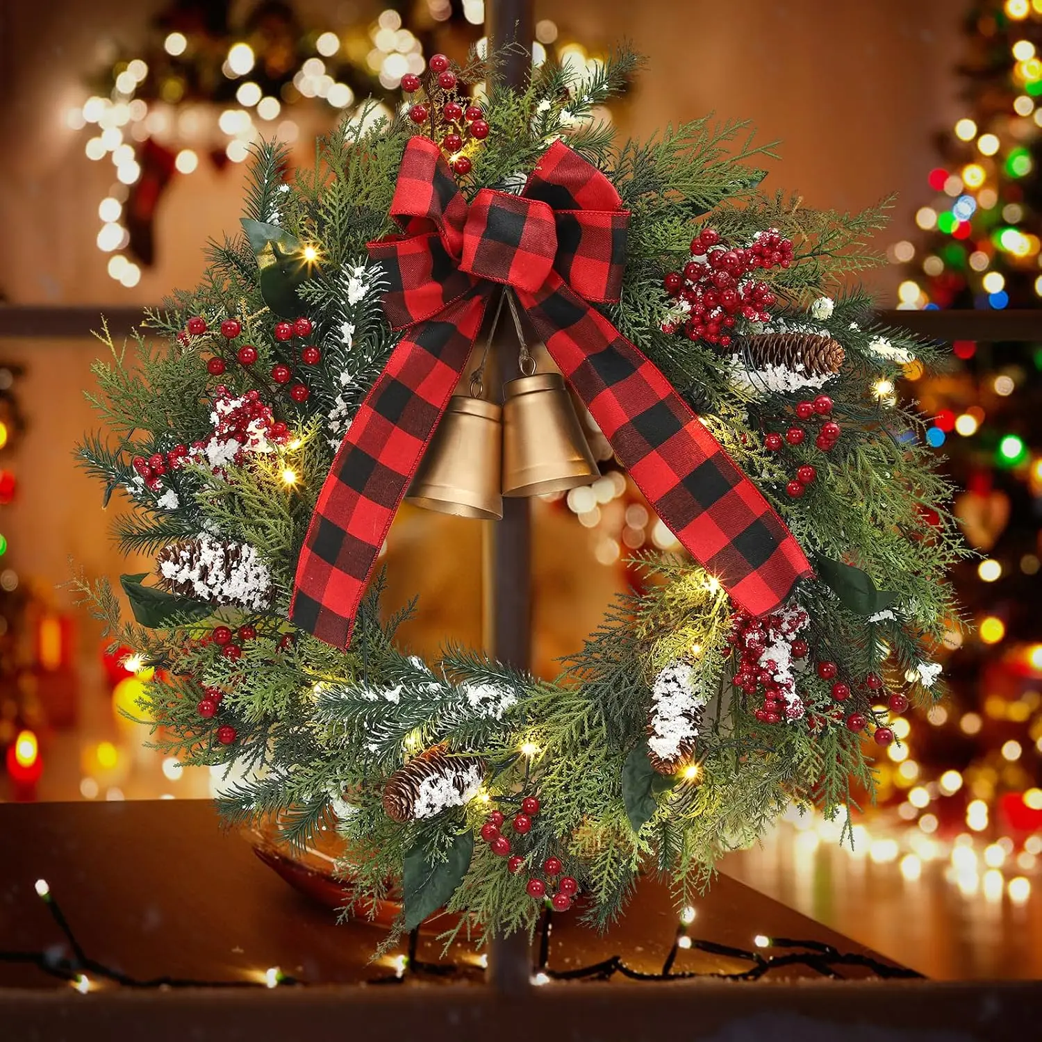 Garvee 24 Inch  Christmas Wreath for Front Door PVC Xmas Wreath with Bells and Bow, 20 Lights with 8 Lighting Modes, Artificial Holiday Door Wreath Indoor Outdoor Decor