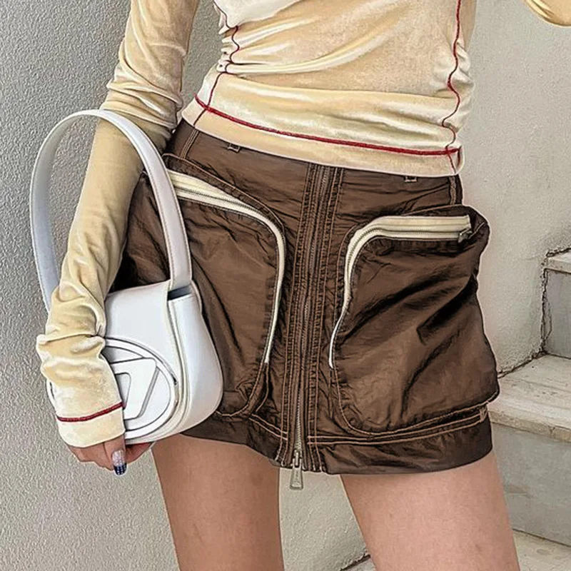 2023 Spring New Women's Solid Color High Waist Slim Fit Large Pocket Zipper Fashion Work Style Half Short Skirt