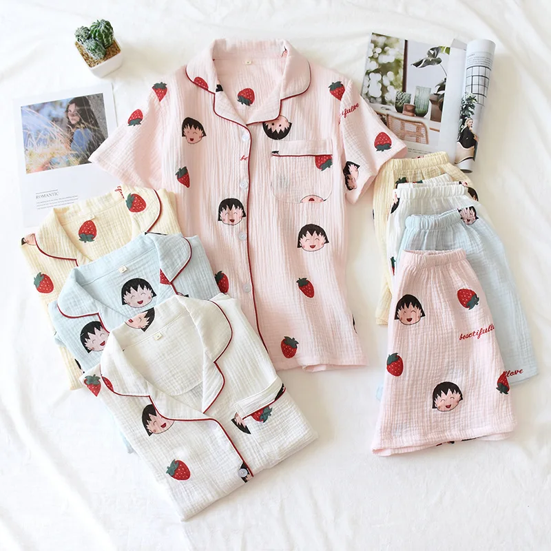 Summer Double Gauze Pajamas Casual Short-sleeved Shorts Home Clothes Thin Crepe Sleepwear 100% Cotton Cartoon Women Set 2 Piece