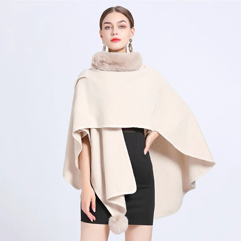 Women Ponchos Coat Elegant Casual Faux Fur Collar Shawl Cloak Bohemian Shawl Autumn Winter Oversize Sleeveless Fashion Capes