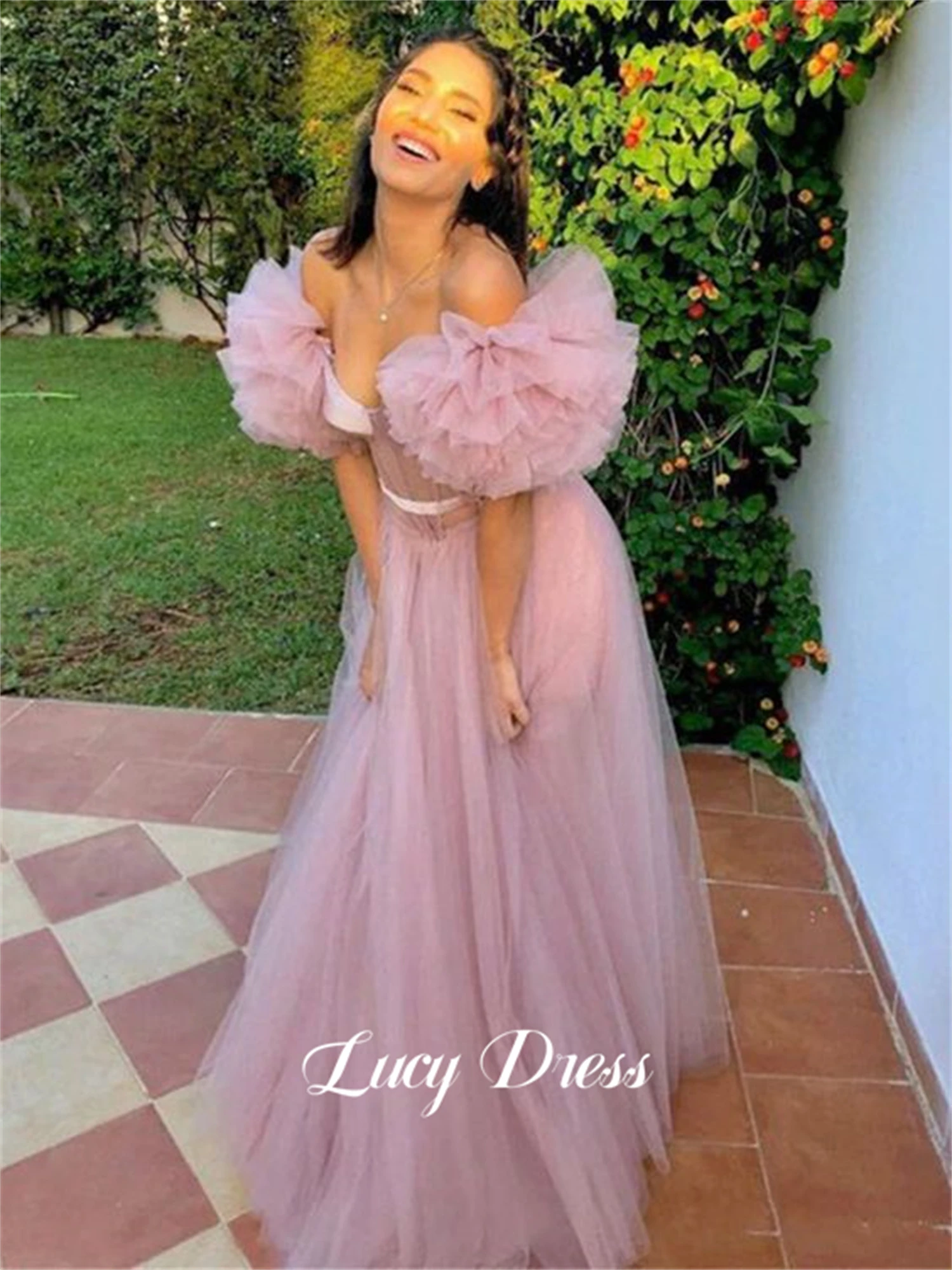 

Lucy Lucy Mesh Pink vestidos de fiesta Line A Puff Sleeves Homecoming Sharon Happy Evening Dresses فساتين للمناسبات الخاصة