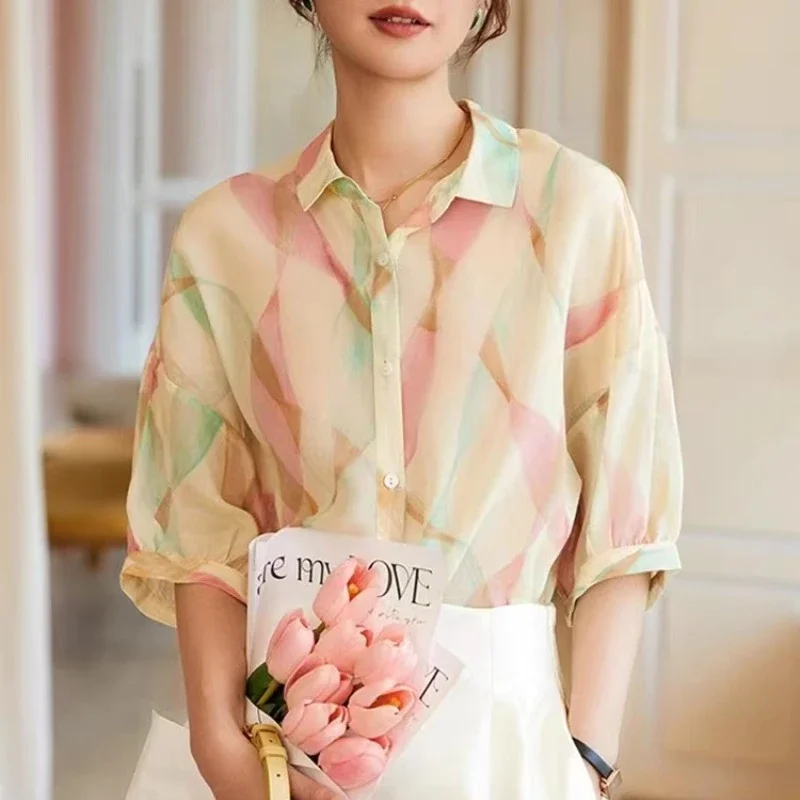 Satijnen Damesshirt Bedrukt Vintage Blouses Trend 2024 Mode Losse Zomer Koreaanse Tops Dameskleding Verkoop