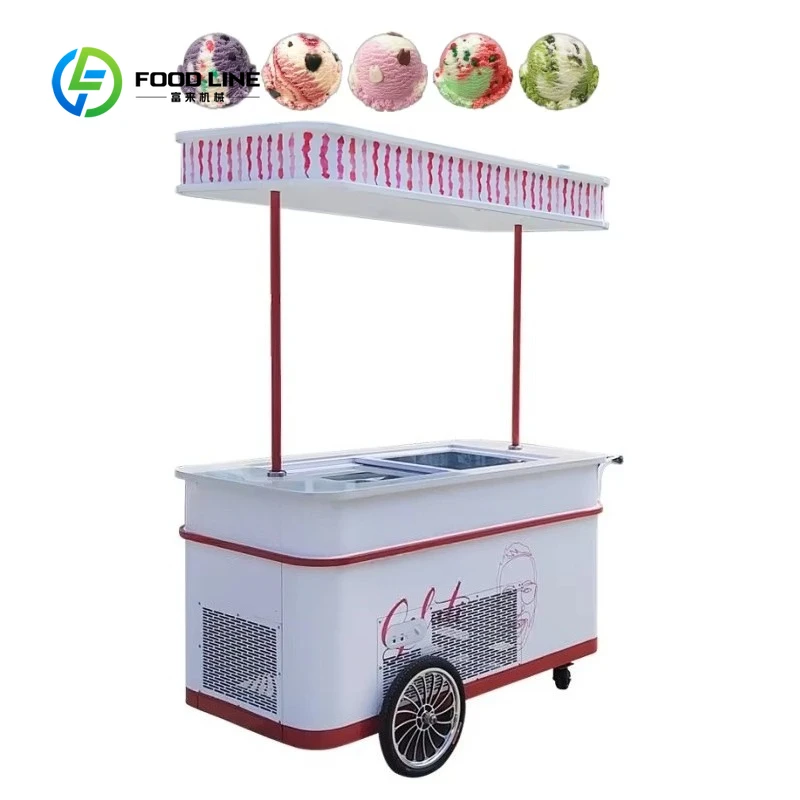 Mobile Commercial Ice Cream Vending Cart Street Food Freezer Display Trolley with Canopy Wheels for Outdoor Events Park Custom
