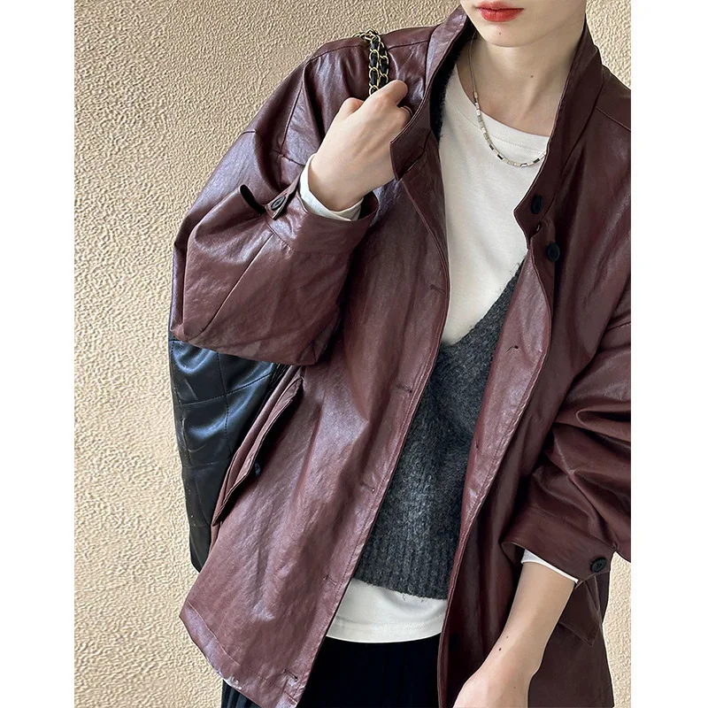 Stand Collar Pu Leather Jacket Coat Women Loose Imitation Leather Single Breasted Vintage Red Coats