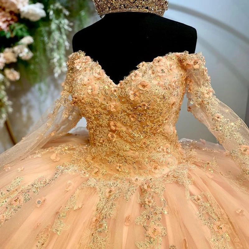 Lorencia-vestido De quinceañera amarillo, manga larga, Apliques De encaje con cuentas, dulce 16, 15, Años, YQD255, 2023