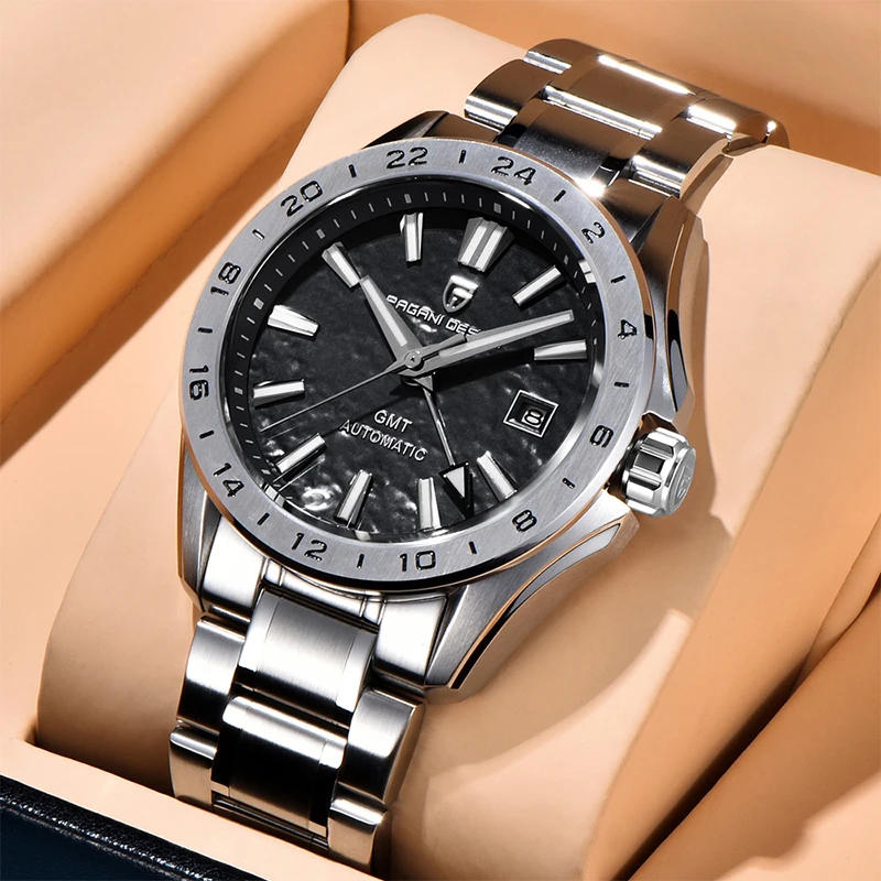 PAGANI DESIGN Klasyczny luksusowy męski zegarek automatyczny GMT Najlepsza marka szafirowe szkło Wodoodporny mechaniczny zegarek na rękę ze stali nierdzewnej
