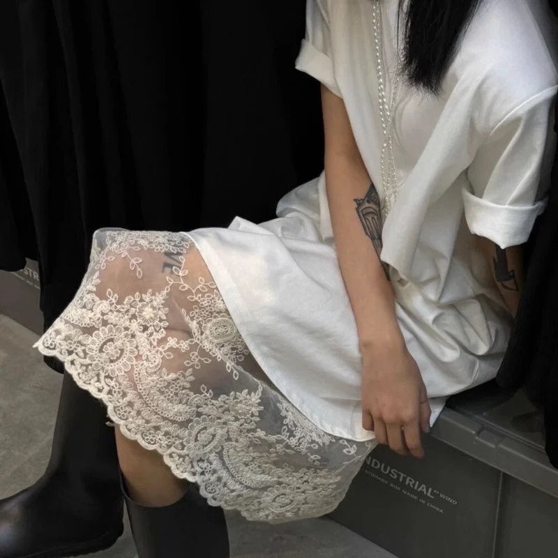 Women White Lace Mesh Half Slip Skirt Elastic Waist Floral Embroidery Sheer Layered Underskirt Casual Summer Dresses
