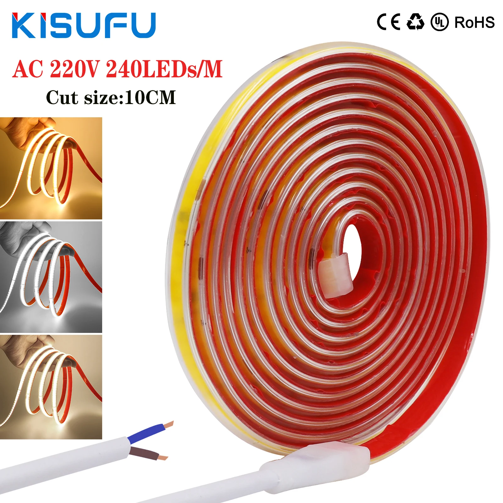 

AC220V COB LED Strip Light 240Leds/M 10CM Cut Flex Ribbon Rope Tape IP65 Waterproof 0.5m 1m 2m 5m 10m 20m 50m 100m Adhesive Tape