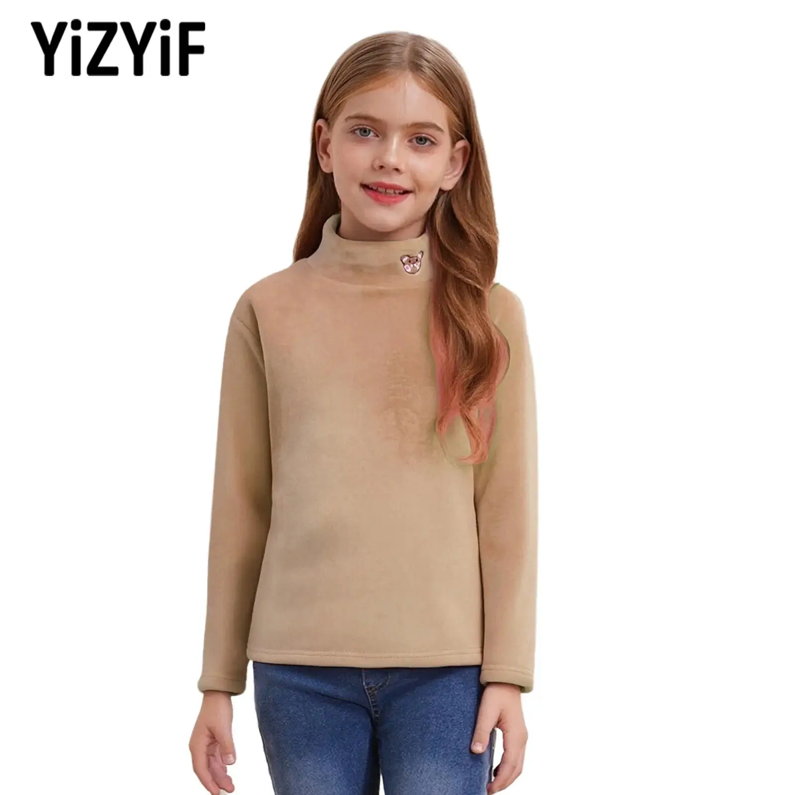 

Girls Boys Thick Velvet Thermal Top Underwear Bear Embroidery Long Sleeves Pullover Kids Casual Daily Wear Homewear Loungewear