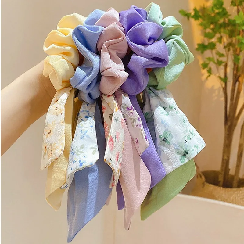 Korea Floral Bow Scrunchies For Women Satin Long Ribbon Ponytail Scarf Girls Hair Bobbles Print Elastic Hair Bands Accessories