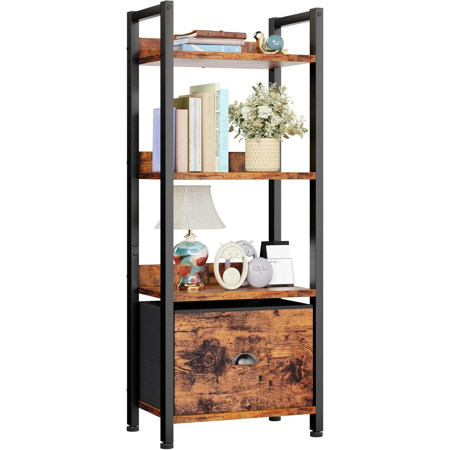 

4 Tier Bookshelf with Drawer, Tall Bookcase with Shelves, Narrow Bookshelves Storage Organizer, Wood and Metal Display Standing
