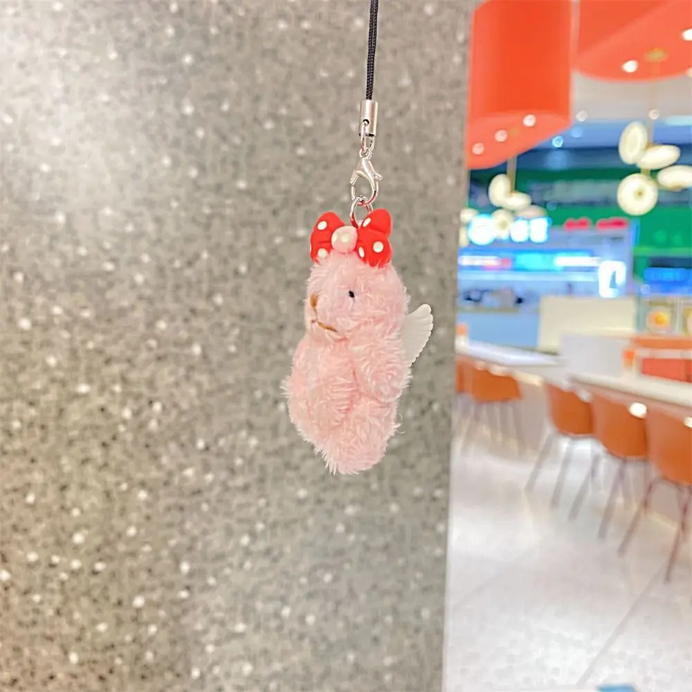 Stuffed Animal Angel Bear Keychain Plush Doll Tiny Bear Phone Lanyard Cartoon Phone Charm Plush Phone Chain Backpack Decoration