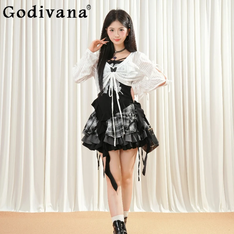 

Комплект Subculture Y2K, женская черная блузка, камзол с нерегулярным бантом, черная клетчатая юбка-тортик, наряды из двух предметов, костюмы Лолиты для девочек