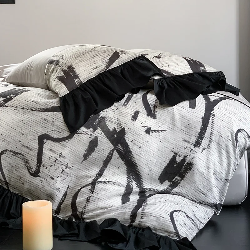 100 Thread Count Pure Cotton Four Piece Chinese Feng Shui Ink Bed Sheet Set, Lace Quilt Cover