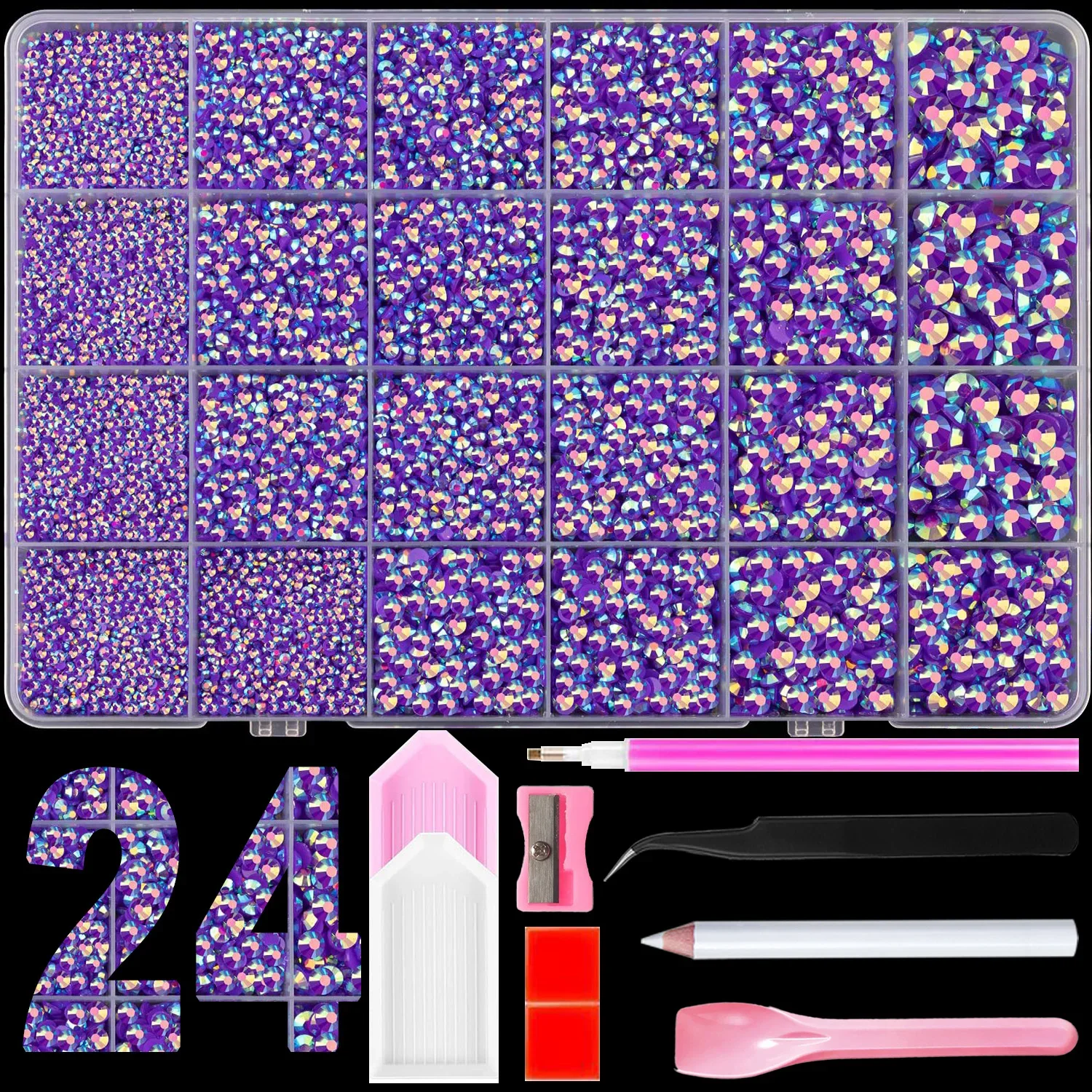 20000PCS Dark Purple Resin Flatback Rhinestones, AB Color 2-6mm Non Hotfix Craft Nail Gems with Pick Pen Tweezers Spoon Trays