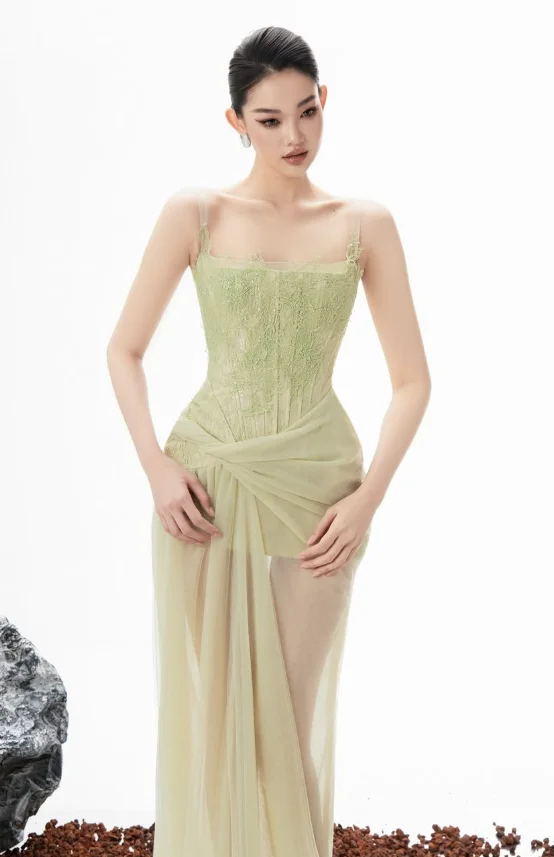 Sage Green Lace Corset Tulle Evening Gown Spaghetti Strap Twist Waist High Slit Sheer Formal Wedding Guest Dress Arabia Dresses