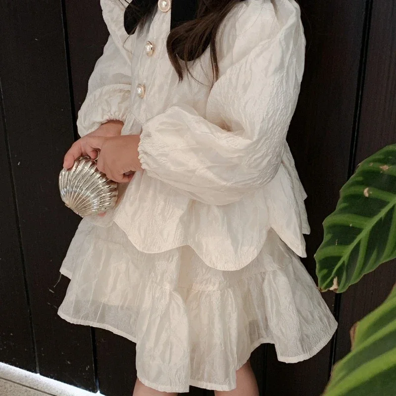 Spring Autumn Girl Sets Solid Color Long Sleeves Turn-down Collar Shirts+Skirt Vintage and Noble Style H3436