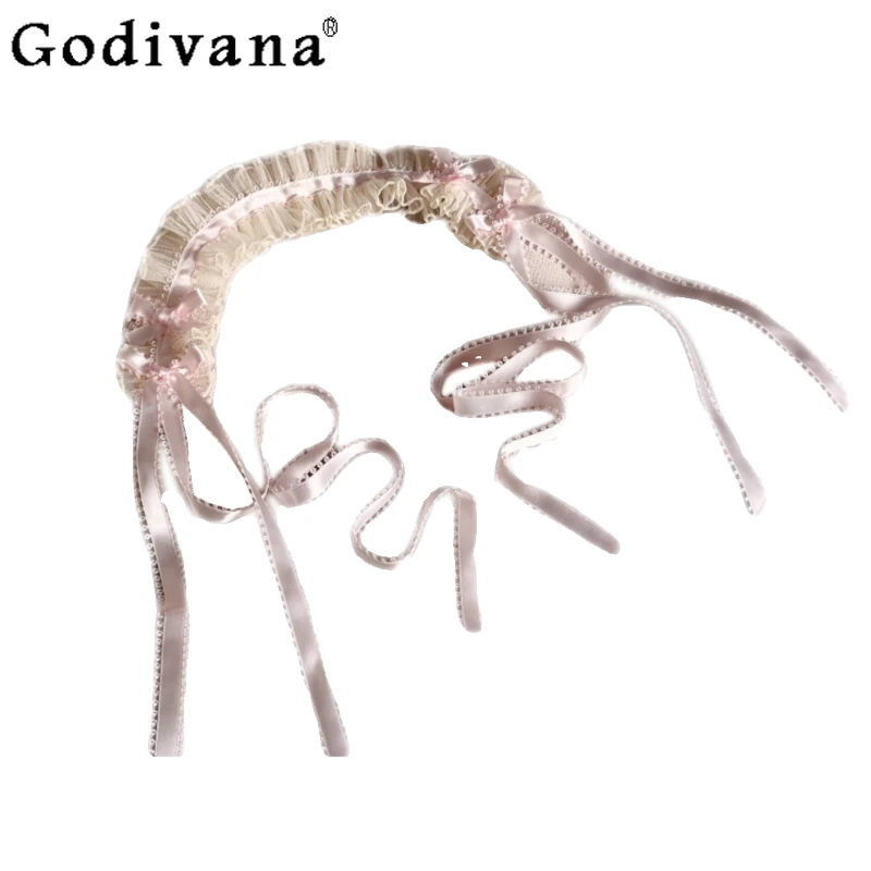 Шелковые розовые повязки на голову в стиле Лолиты для женщин, оригинальные повседневные кружевные головные уборы ручной работы для девочек, милые милые вечерние повязки на голову, аксессуары