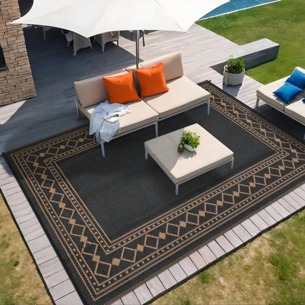 1PCS Outdoor Waterproof Area Rug For Patio Reversible Modern Geometric Bordered Plaid Floor Cover Neutral UV Resistant Polypropylene Foldable Portable Camping Carpet For Garden Backyard Balcony Picnic
