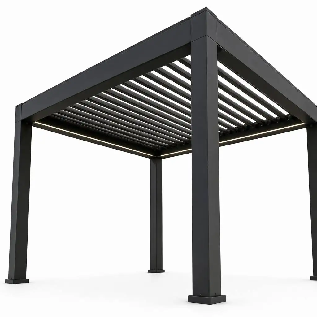 Modern Freestanding Pergola Kit 12x12FT Aluminum Louvered Gazebo LED Light Waterproof Outdoor Backyard Garden Sun Shade