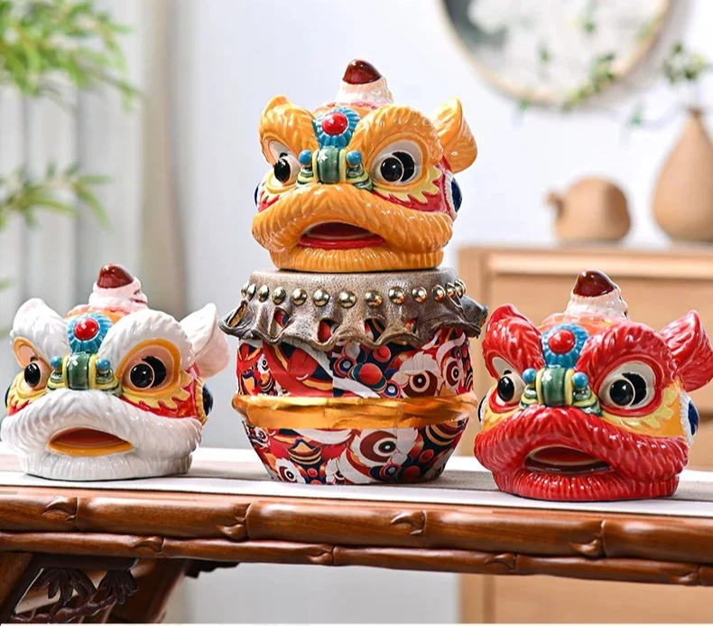 For Ceramic lion dance ornament lion head lion dance handicrafts entry entrance wine cabinet art decoration