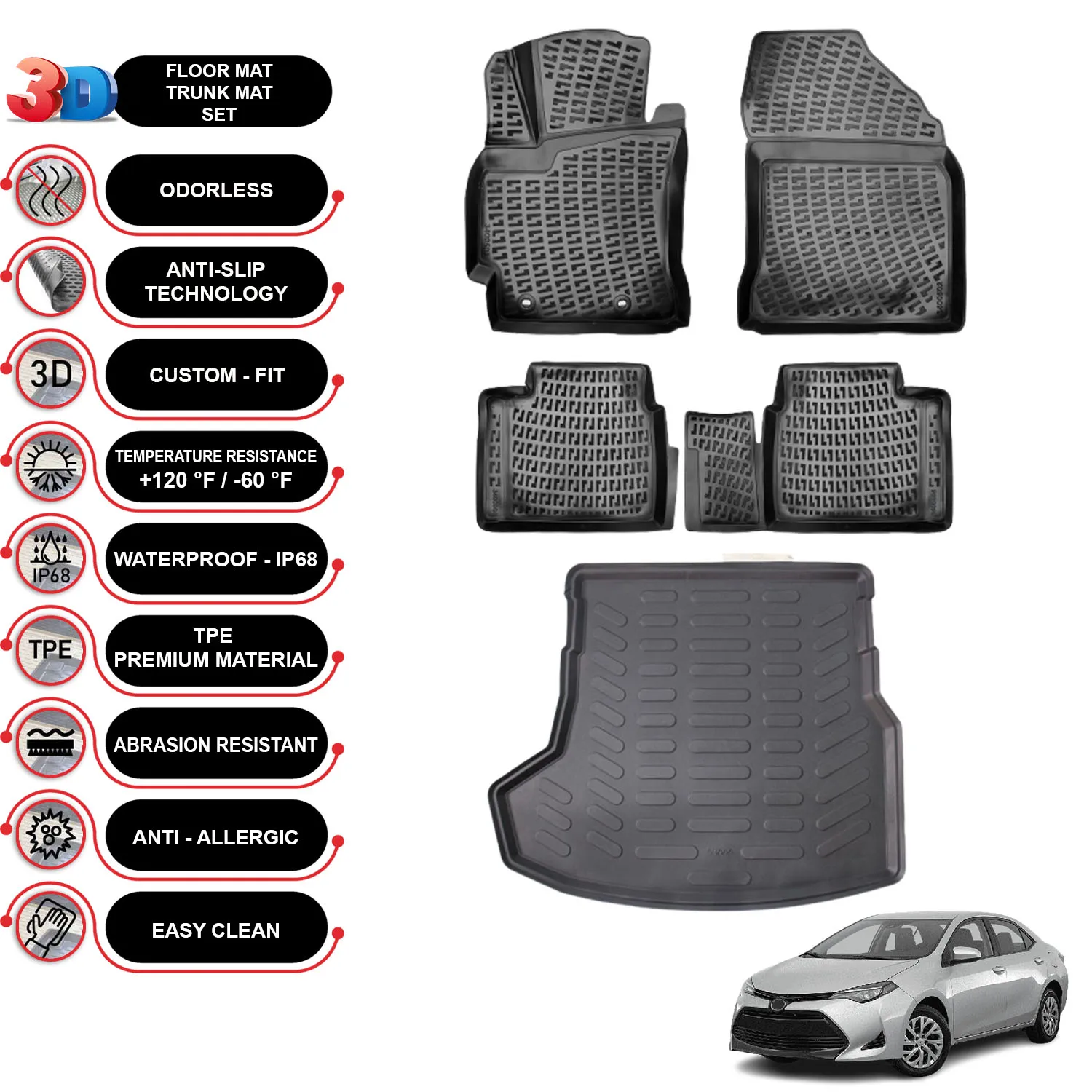 Toyota Corolla - (2012-2018) - Floor Mats + Cargo Trunk Liner - SET - (Black)