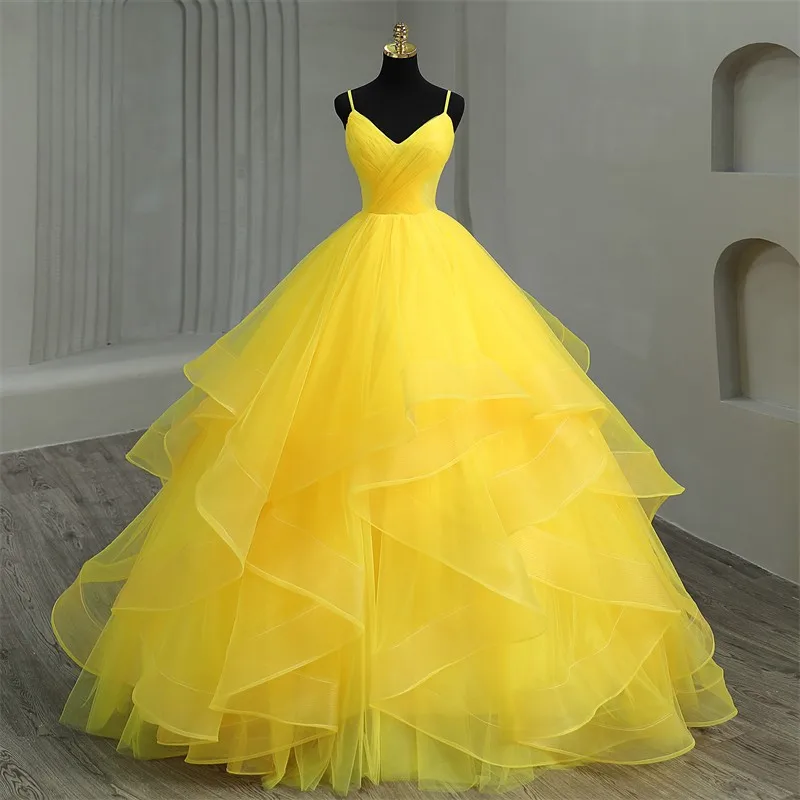 

2023 New Fashion Simple Gold Quinceanera Dress Spaghetti Straps Ruched Organza Vestidos De 15 Debutante Gown Bohemia Princess